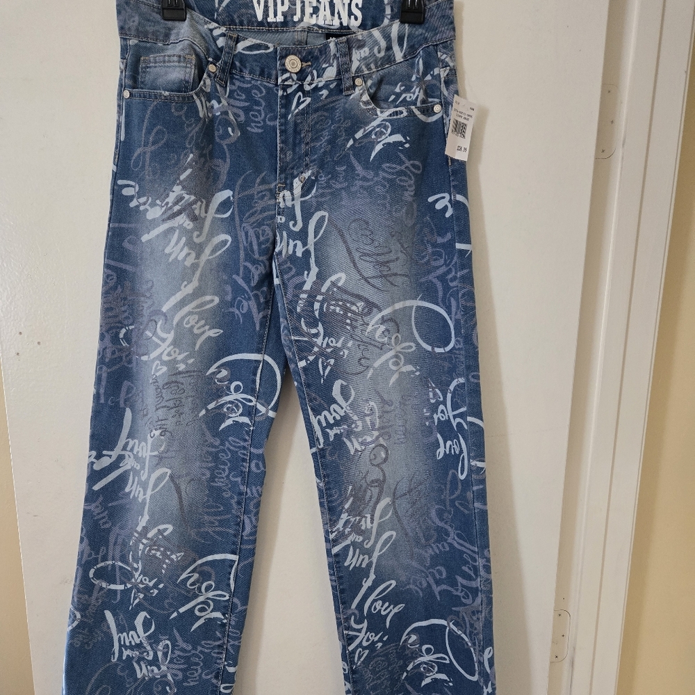 NWT VIP Blue and White Straight Jeans with Artistic Pattern